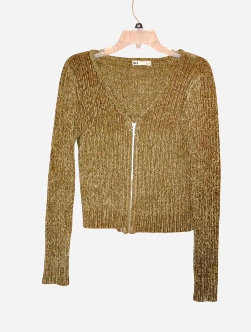 SO Goods For Life Olive Green Chenille Full-Zip Cropped Sweater (Size L)